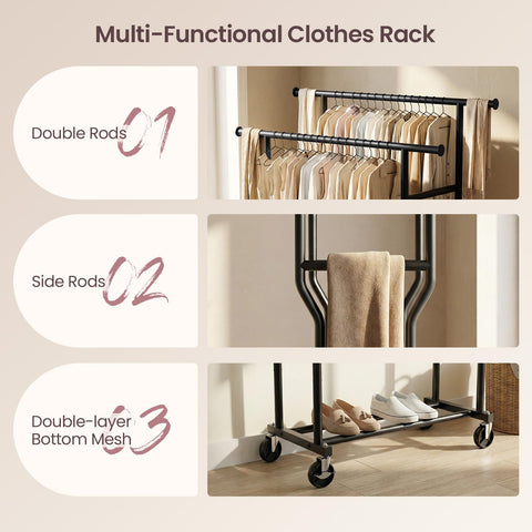 WATIOWL clothes rack locking casters for stability when parked.