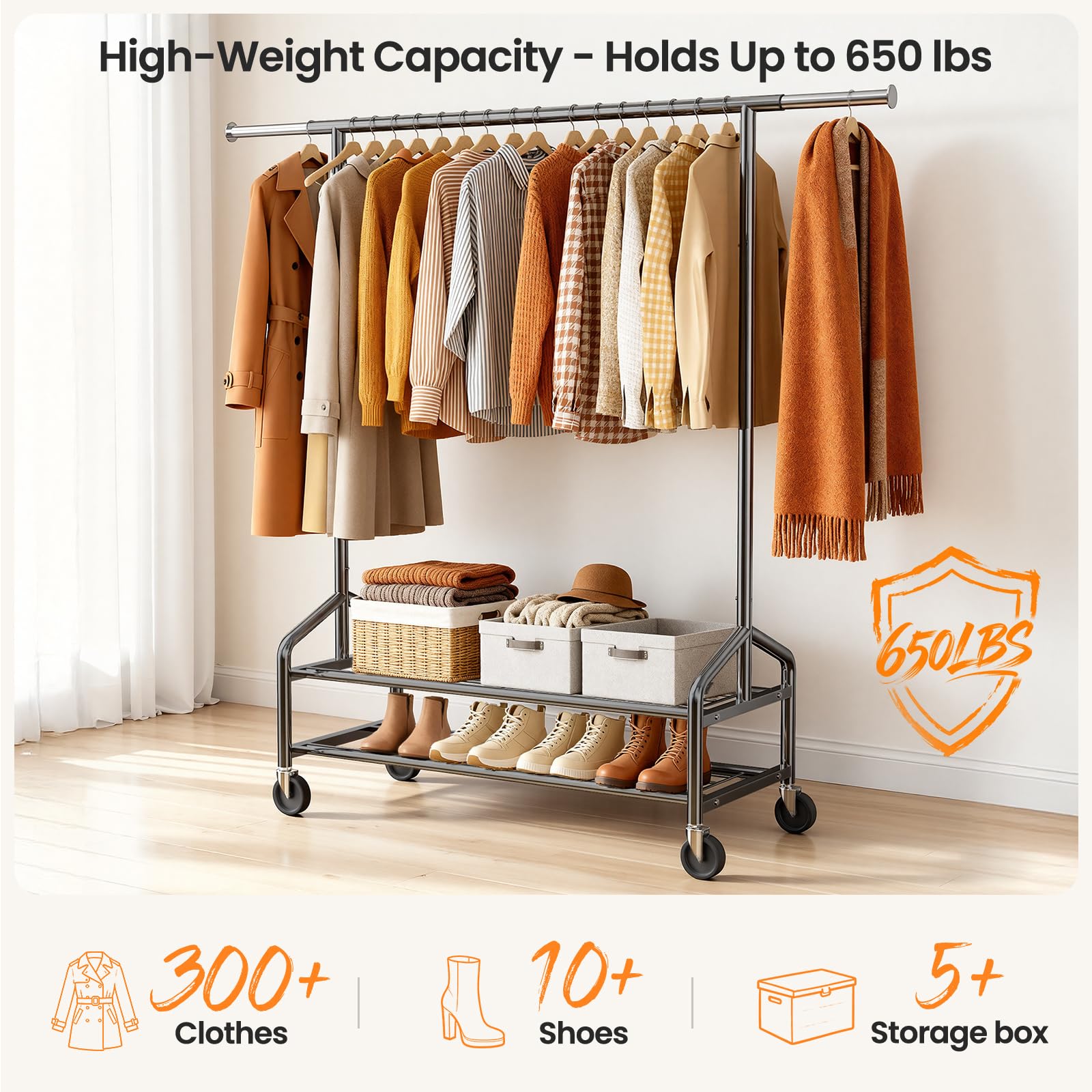 WATIOWL heavy-duty clothes rack side view highlighting triangular base stability