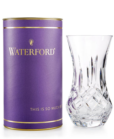Waterford Giftology Lismore Bon Bon Vase enhances desk decor with crystal elegance.