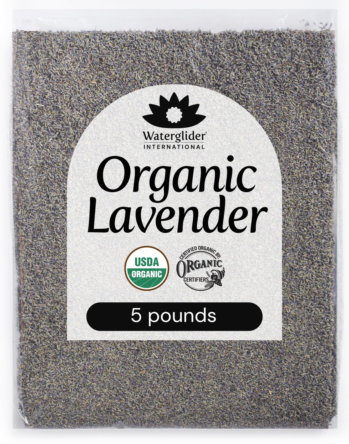 Waterglider International lavender buds in a 5lb box, ideal for baking and culinary infusions.