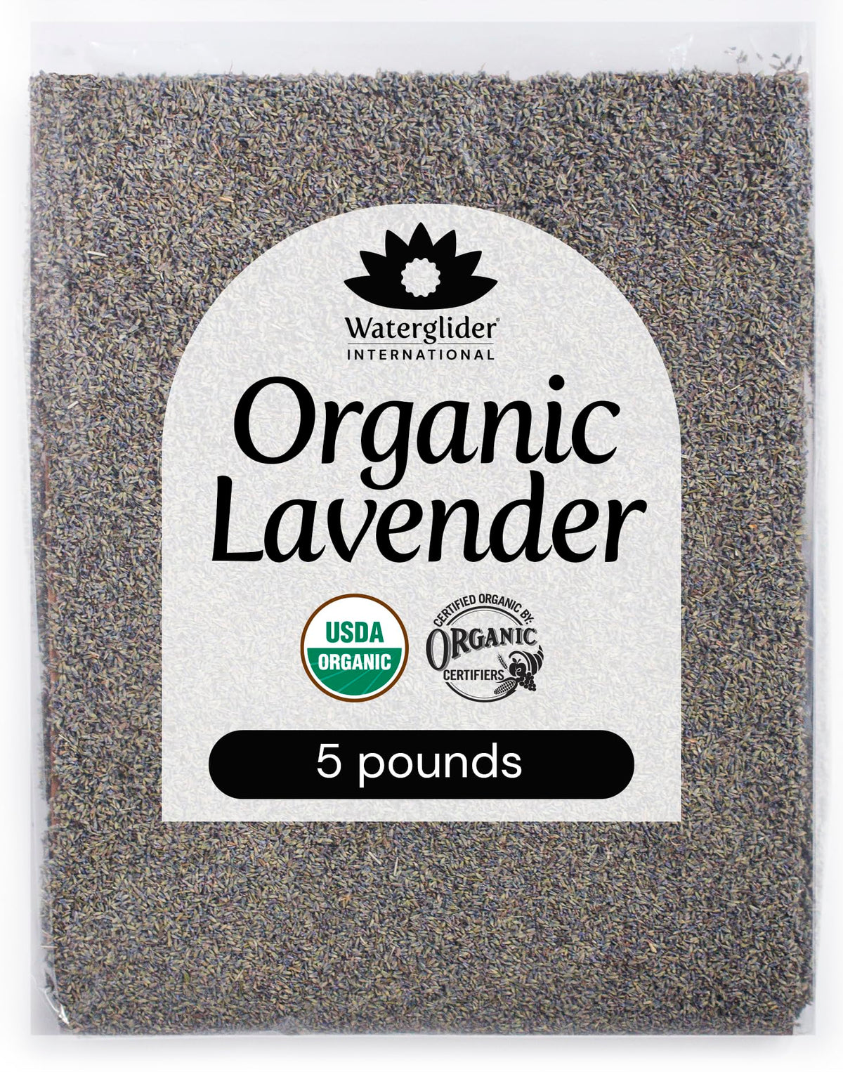 Waterglider International lavender buds in a 5lb box, ideal for baking and culinary infusions.