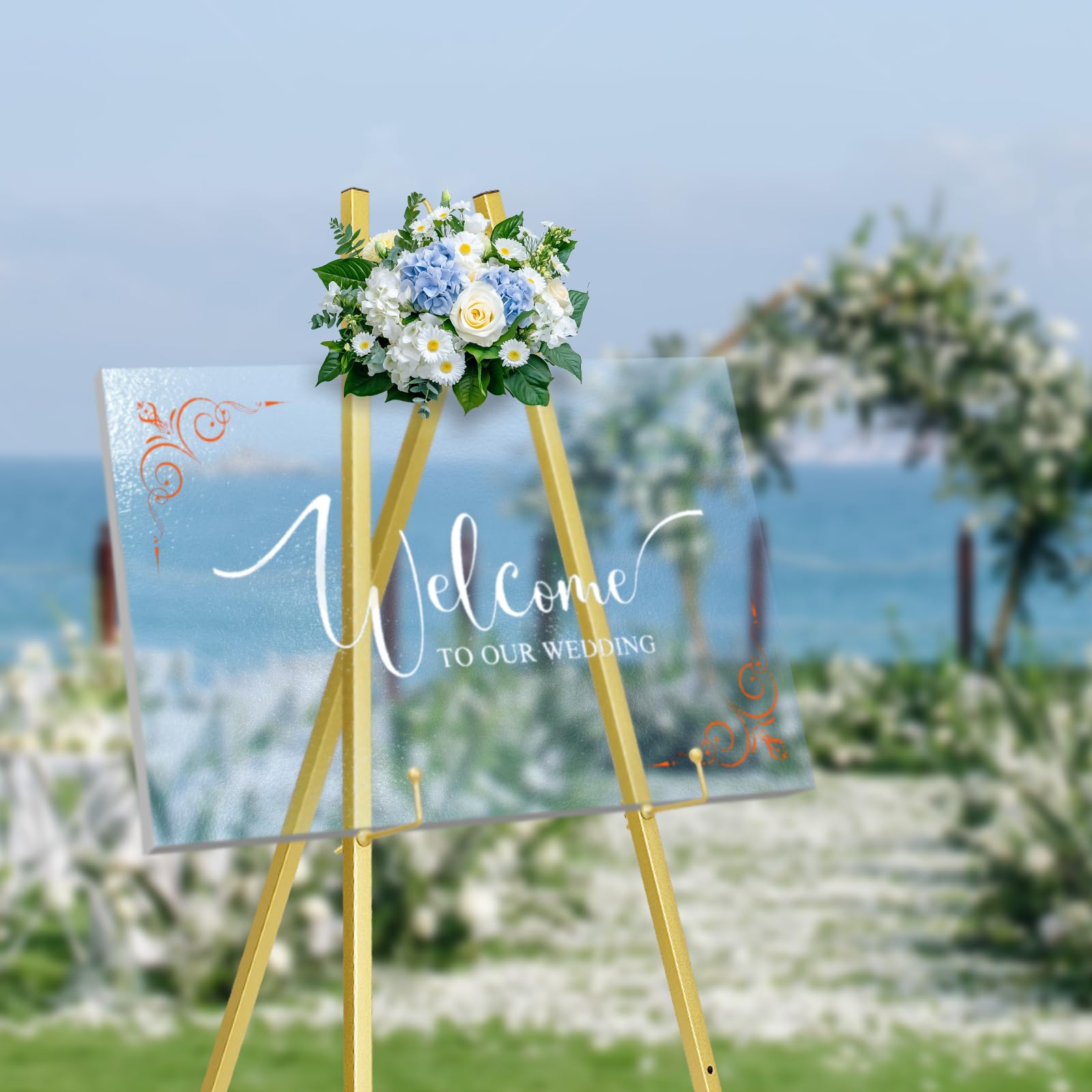 Watihere gold easel shows adjustable height for versatile sign presentation.