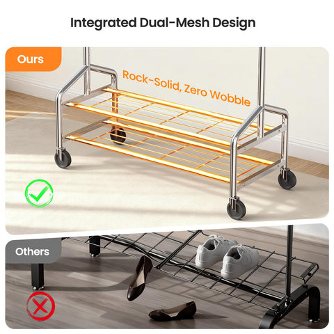 WATIOWL telescoping rail extended from 41 to 61 inches for flexible hanging space.