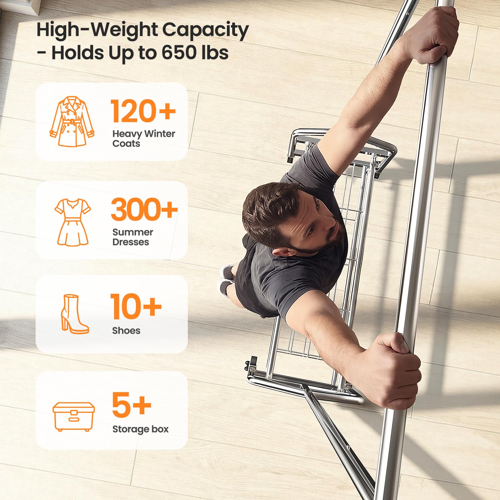 WATIOWL heavy-duty clothes rack front view highlights robust crossbar and wide storage area.