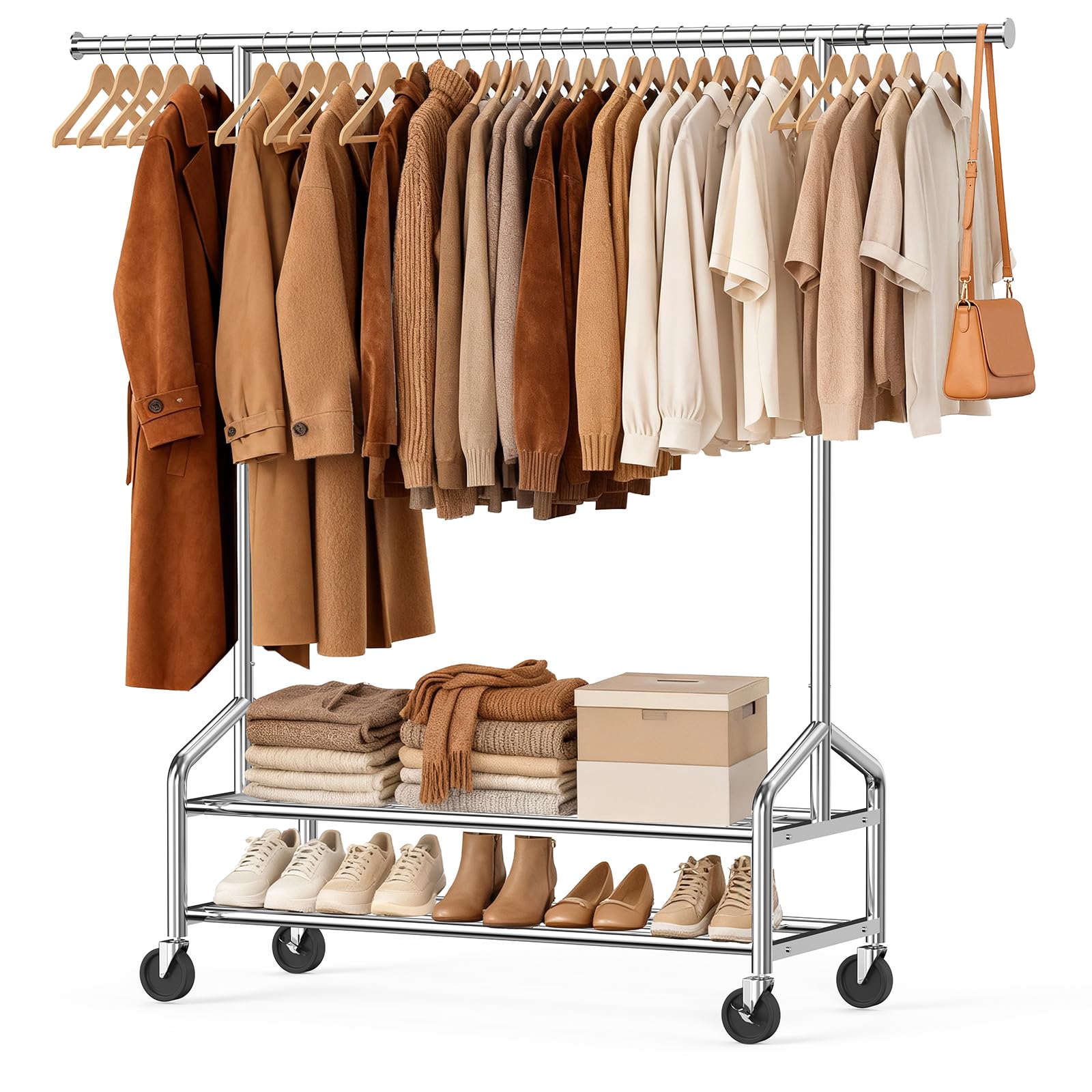 WATIOWL heavy-duty clothes rack side view showcasing reinforced frame for heavy loads and stability.