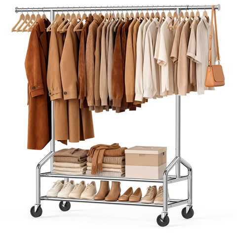 WATIOWL heavy-duty clothes rack side view showcasing reinforced frame for heavy loads and stability.