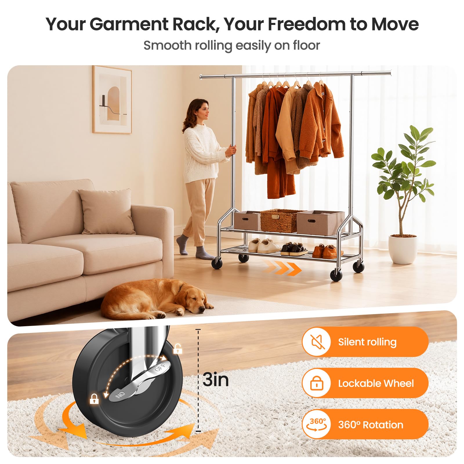 WATIOWL rack in a bedroom setting keeps clothes organized and accessible.