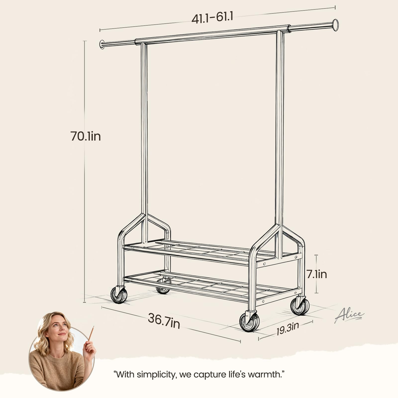 WATIOWL rack in a laundry room offers portable storage for garments and bins.