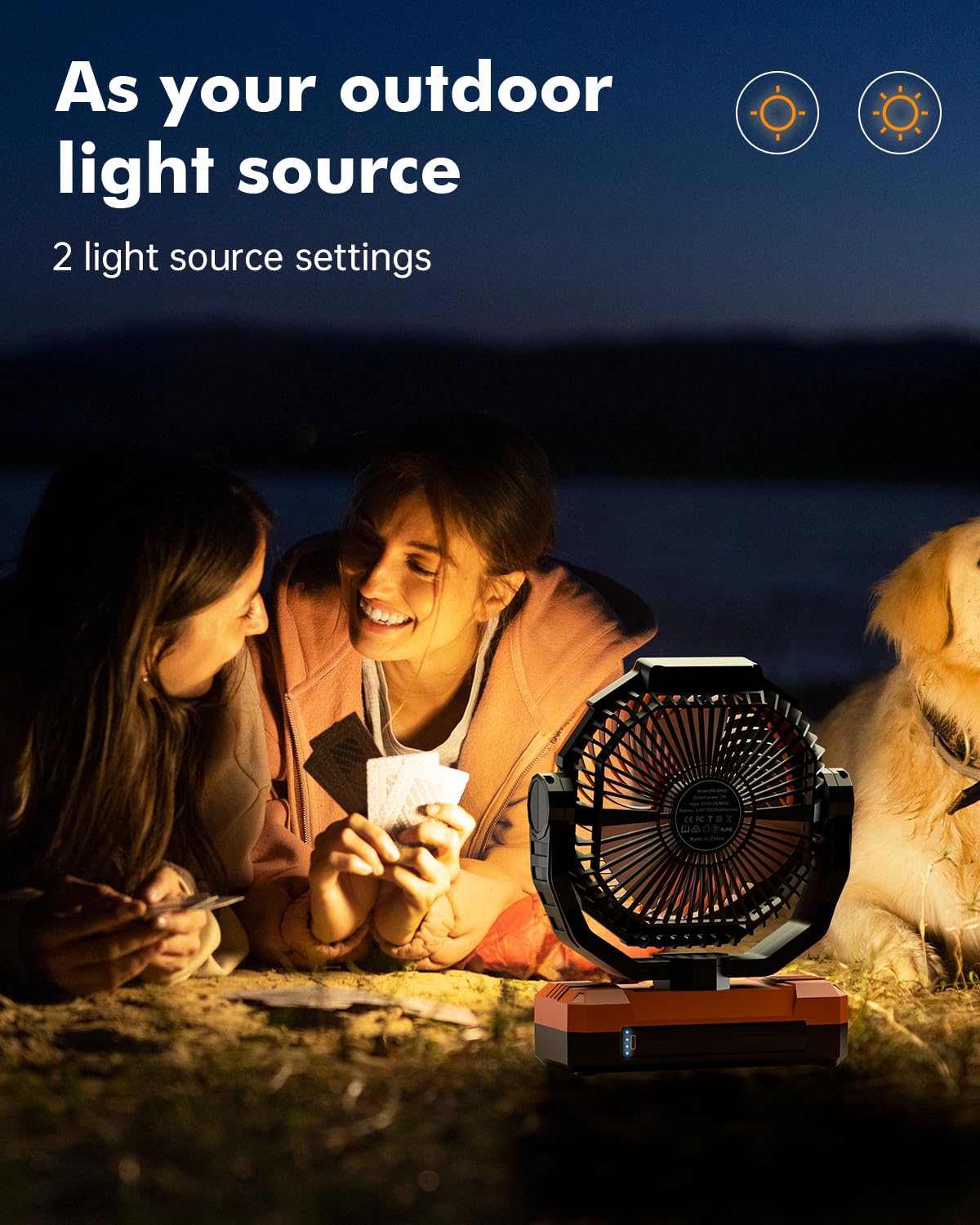 Wavmill camping fan with four speed settings for customizable airflow.