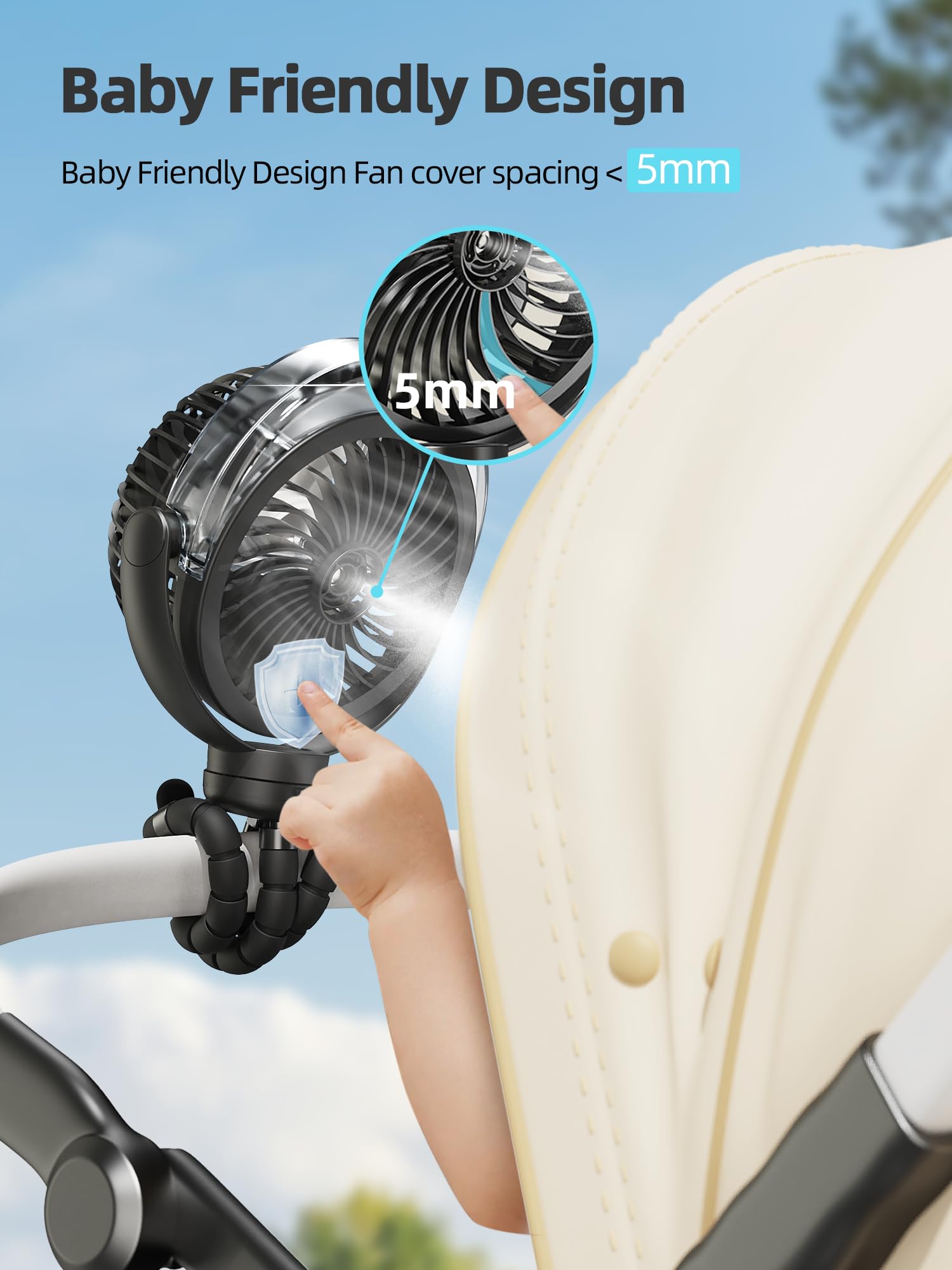 Wavmill Misting Stroller Fan battery indicator shows readiness for outdoor use.