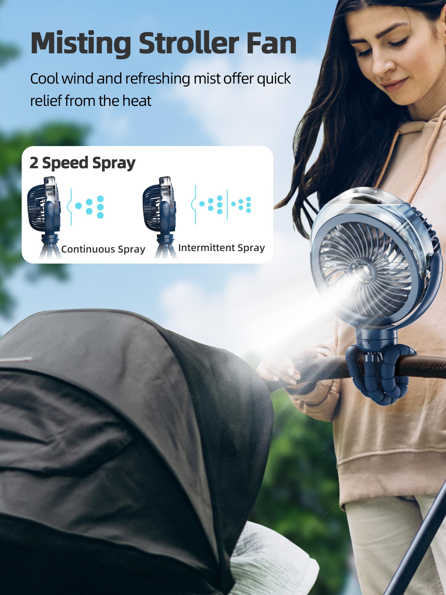 Wavmill misting function illustrating refreshing spray for hot days.