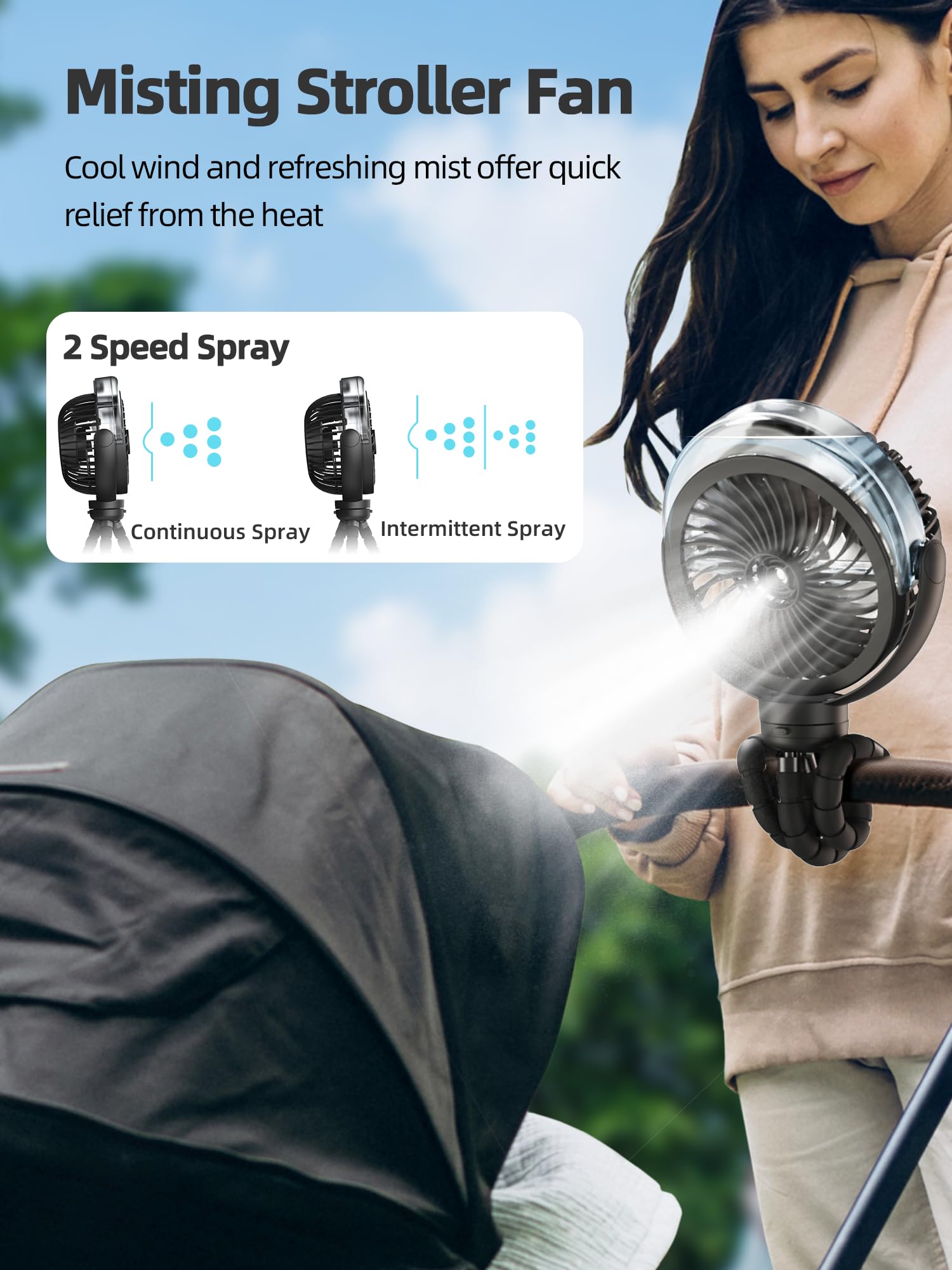 Wavmill Misting Stroller Fan side view shows quiet operation for nap-friendly use.