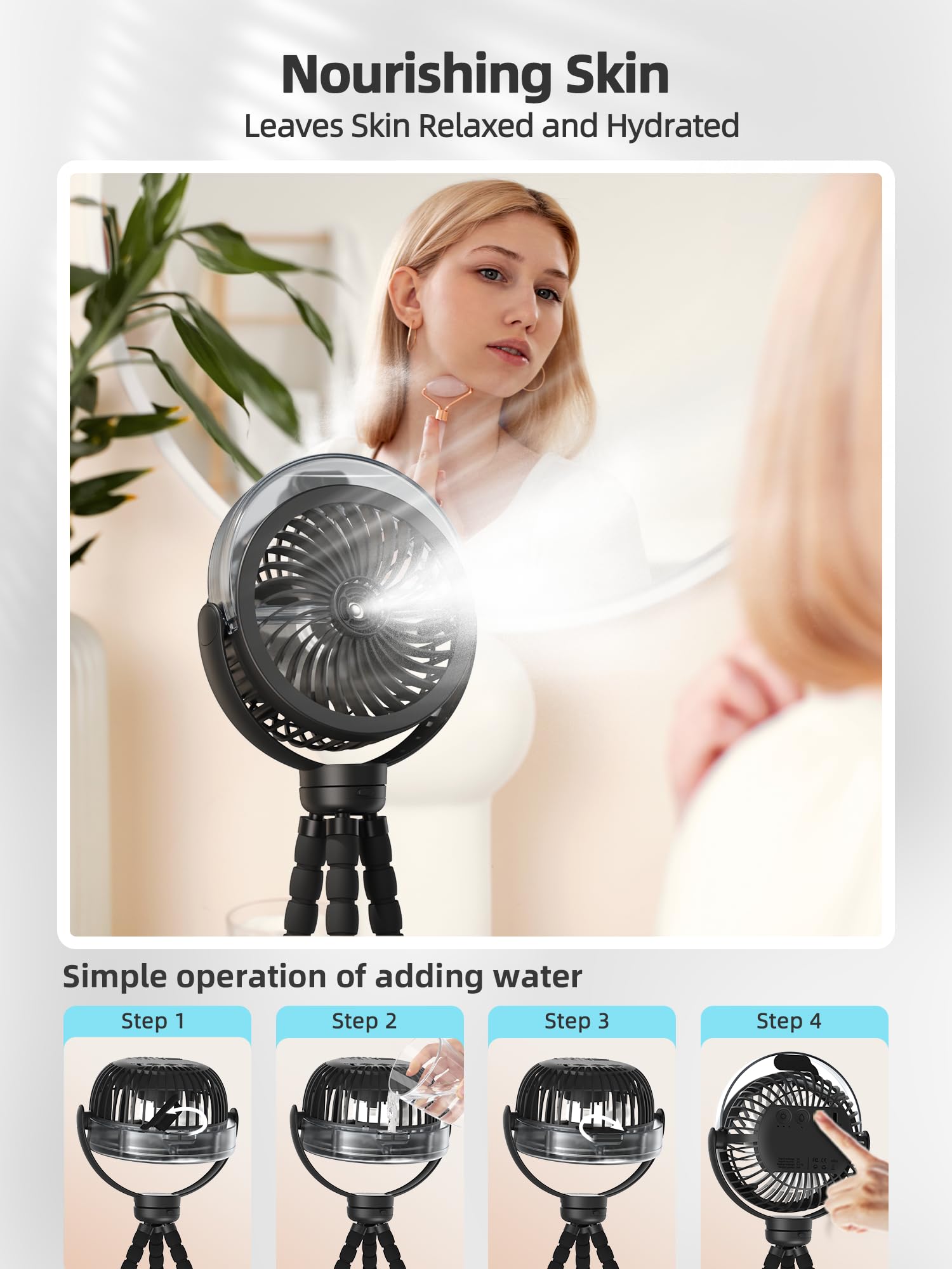 Wavmill Misting Stroller Fan on travel bag suitable for tents and trips.