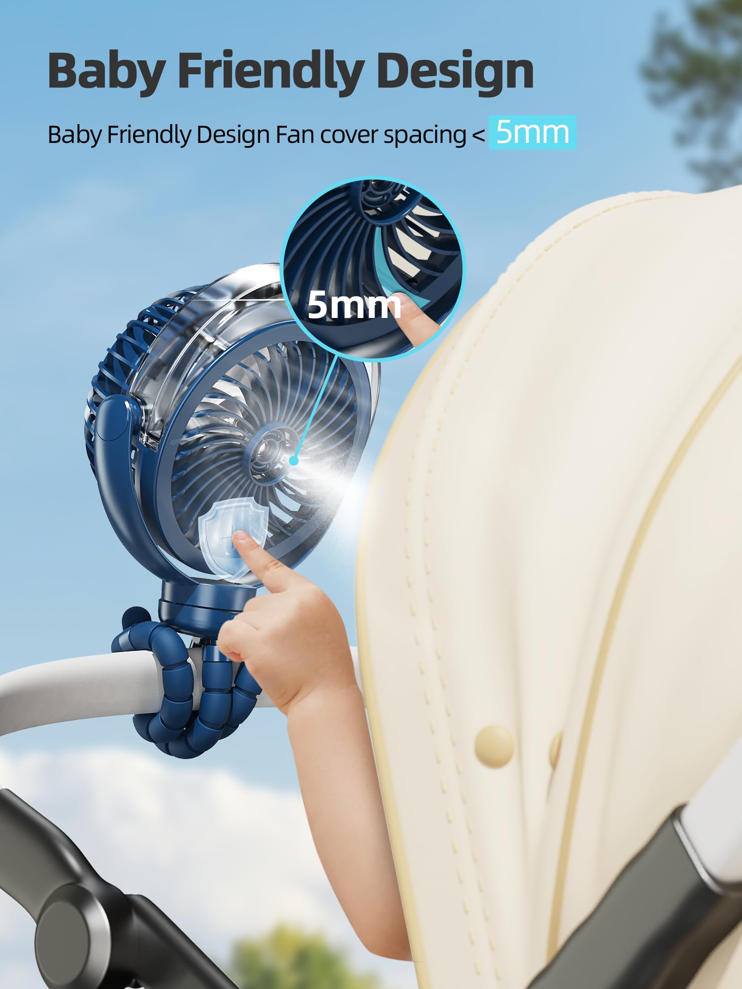 Wavmill flexible tripod clips securely to stroller, crib, or bike.