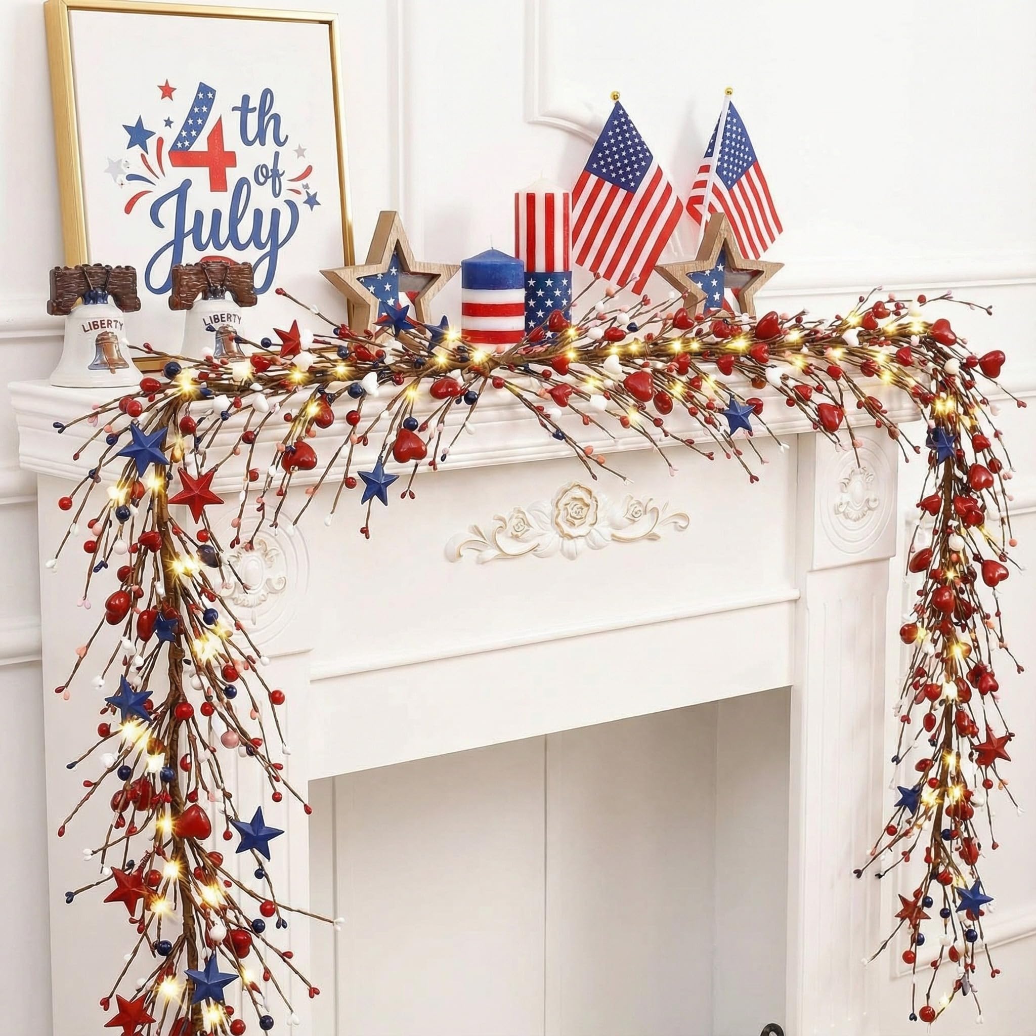 Wavwavw mantel or doorway decor garland in blue, red, white colors.