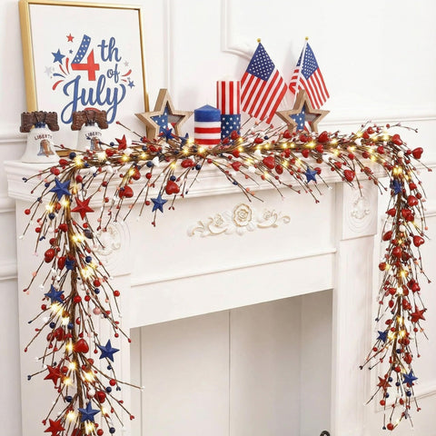 Wavwavw mantel or doorway decor garland in blue, red, white colors.