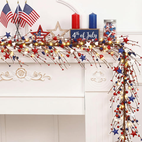 Wavwavw patriotic garland closeup of stars and berries, ideal for festive mantel decor.