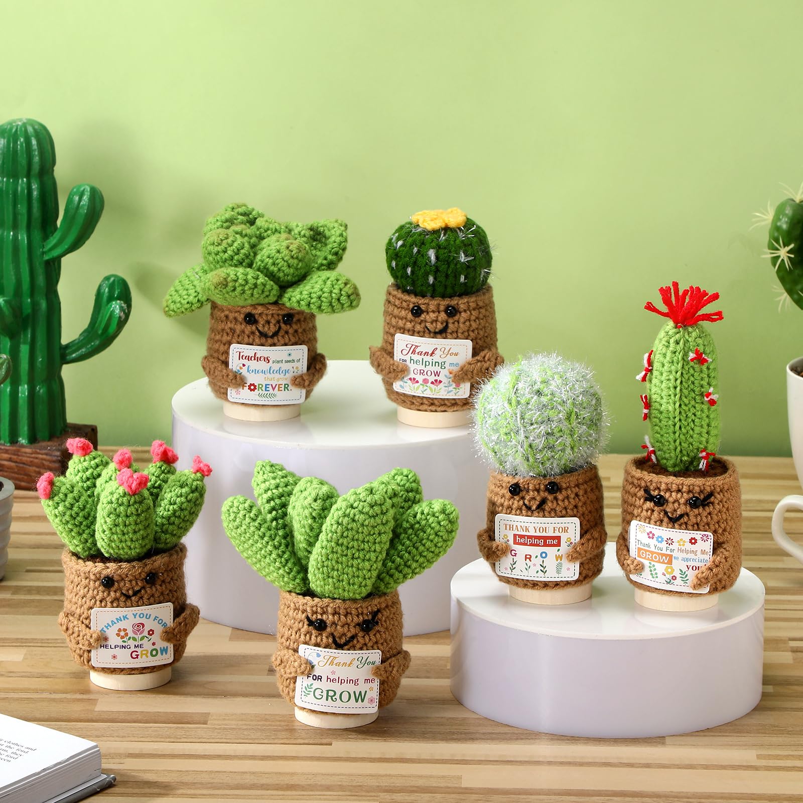 Wavwavw six unique crochet succulents arranged for desk decor.