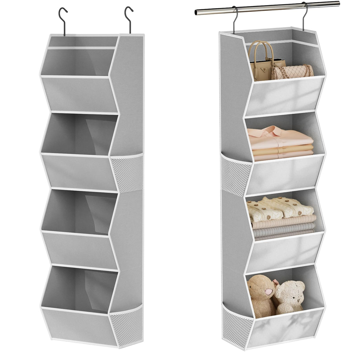 Wawocs four-shelf hanging organizer for compact closet storage solutions.