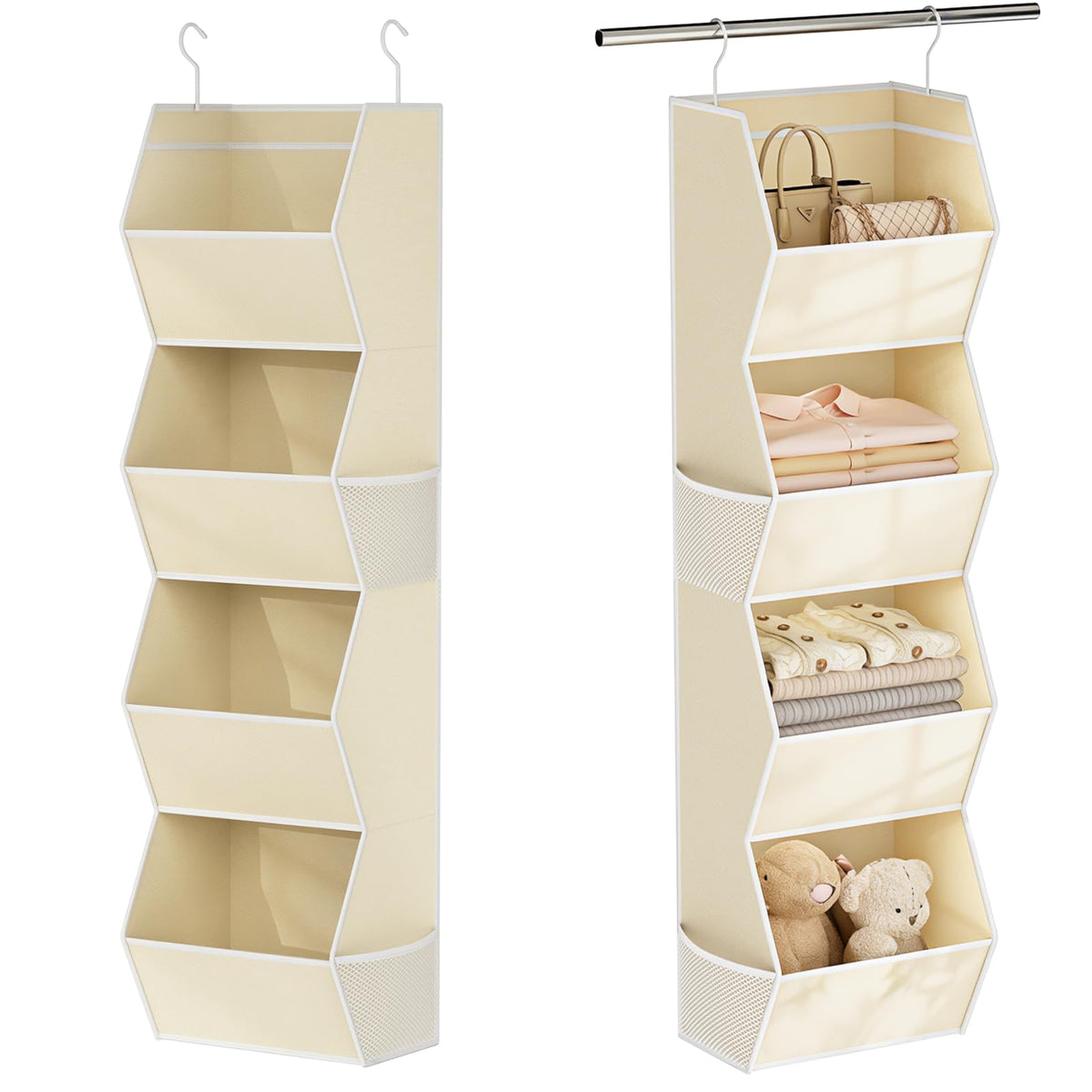 Wawocs hanging closet organizer with four shelves keeps clothes neatly organized.