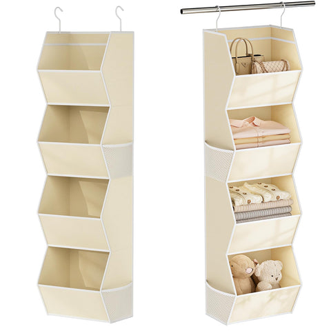 Wawocs hanging closet organizer with four shelves keeps clothes neatly organized.