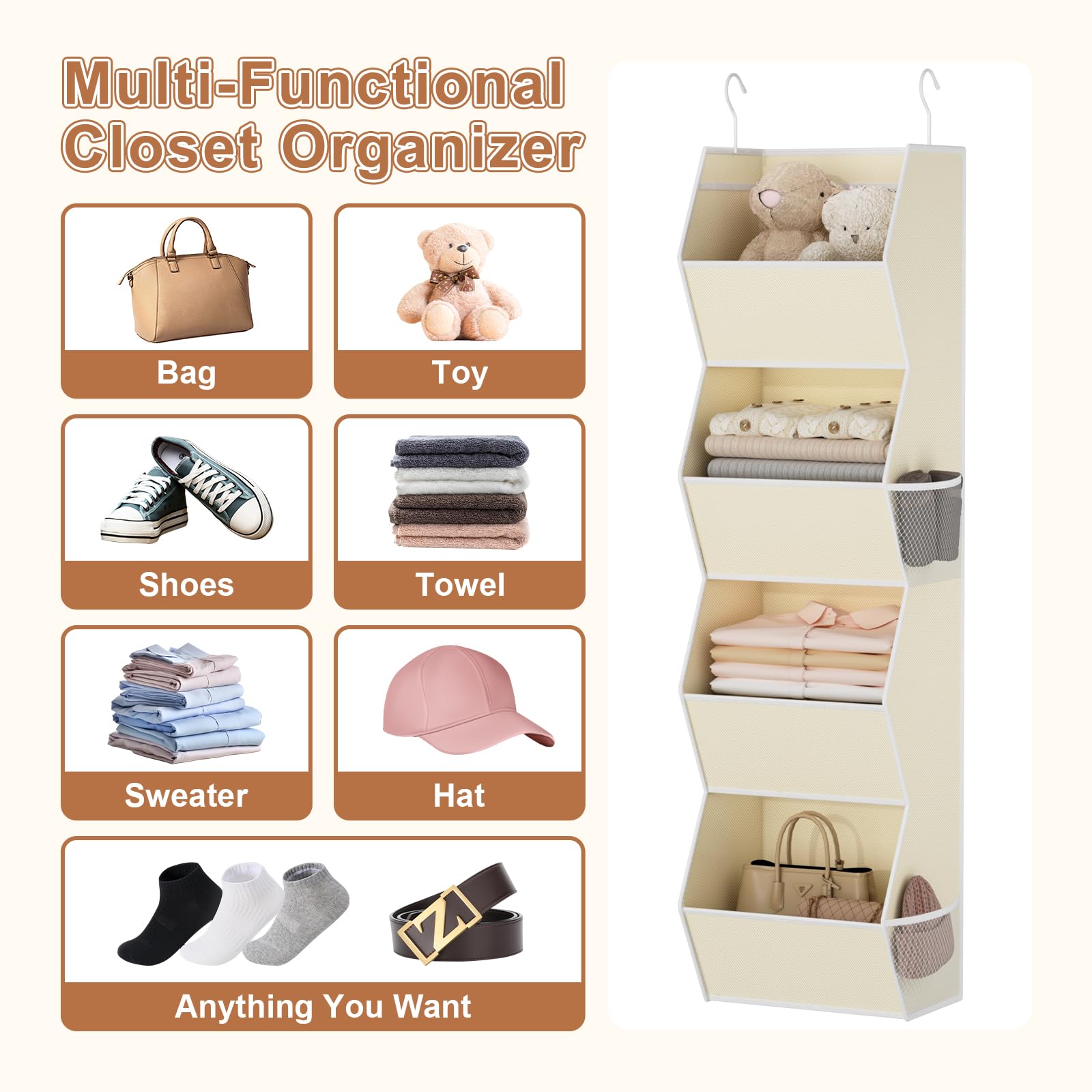 Wawocs organizer shows easy wardrobe hooks for flexible hanging placement.