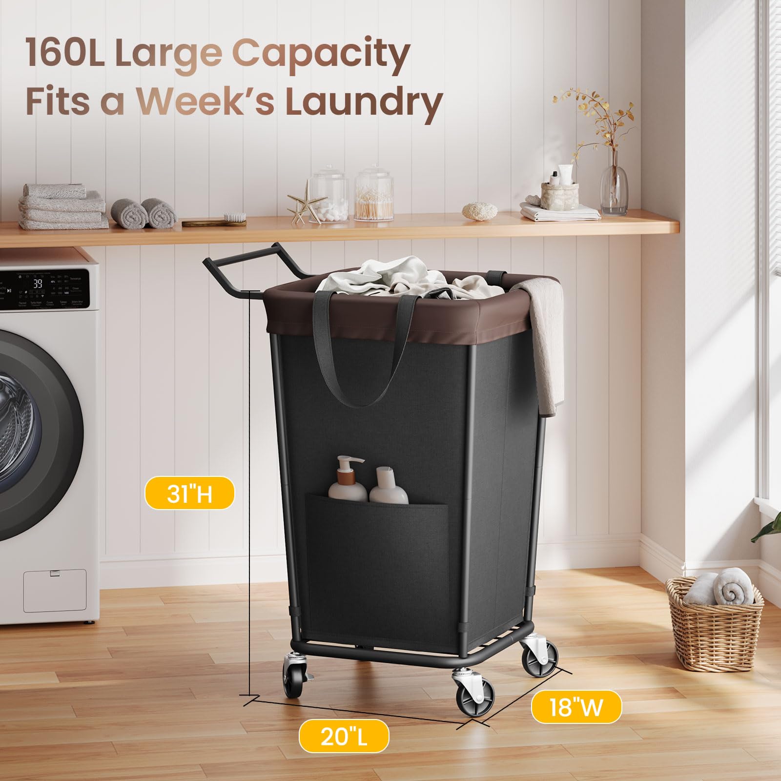 Wawocs rolling laundry hamper with 2-section design for easy sorting.