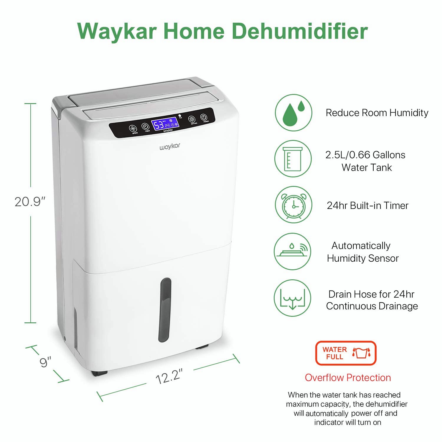 Waykar energy-star-certified unit reduces energy use while dehumidifying.