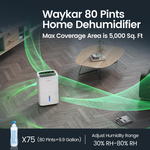 Waykar Max 80 Pint Dehumidifier control panel with LCD display for easy humidity settings