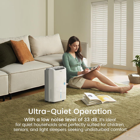 Waykar dehumidifier operating quietly at 33 dB in a bedroom setup