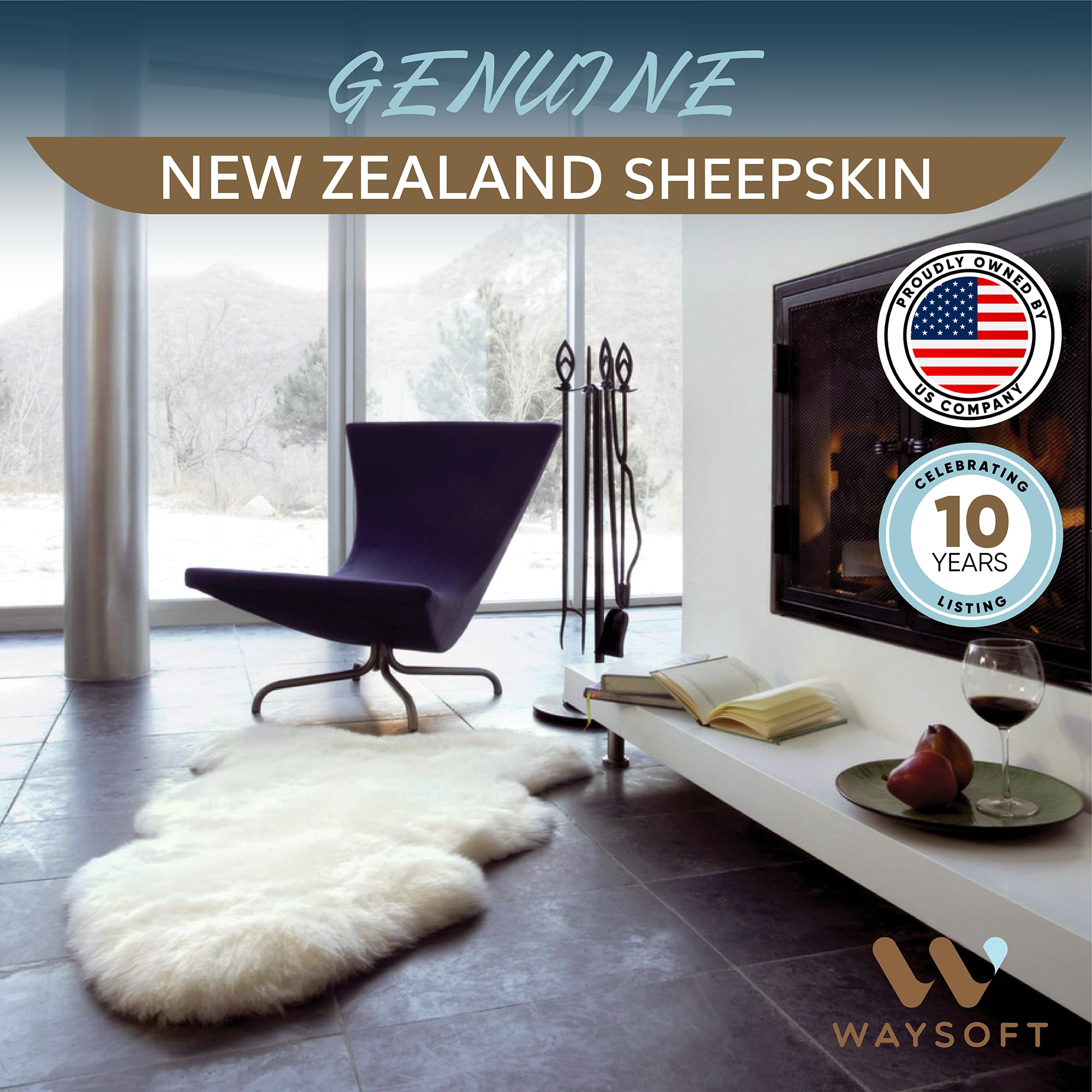 WaySoft New Zealand sheepskin rug 2x3 ivory back highlights non-slip leather underside.