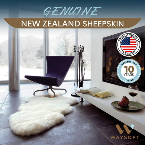 WaySoft New Zealand sheepskin rug 2x3 ivory back highlights non-slip leather underside.