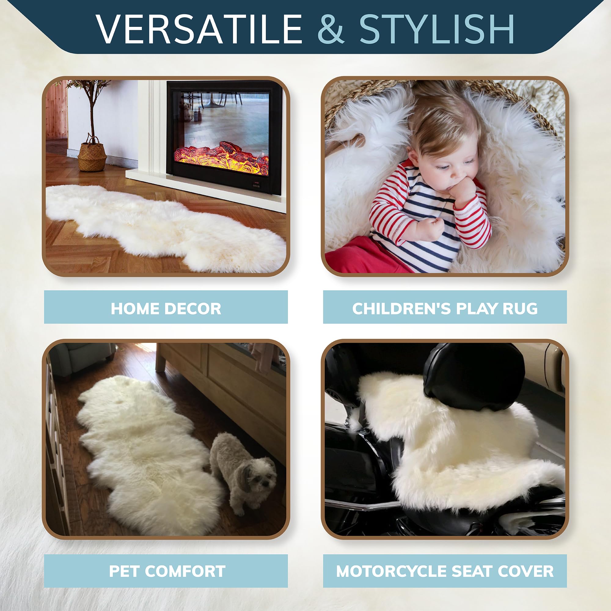 WaySoft ivory sheepskin rug adds warmth and texture to living room.