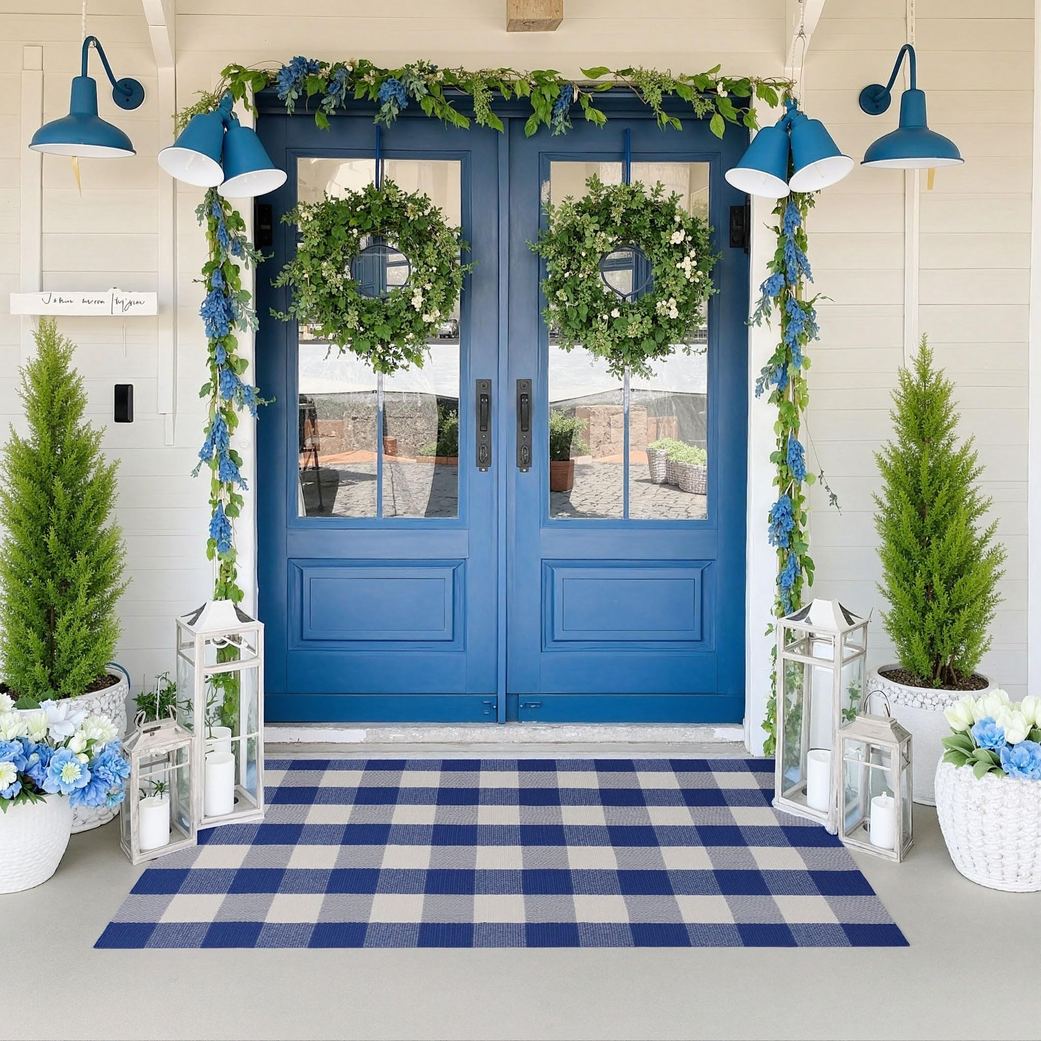 WAYYE buffalo plaid outdoor rug in blue and white for front porch; durable entryway decor.