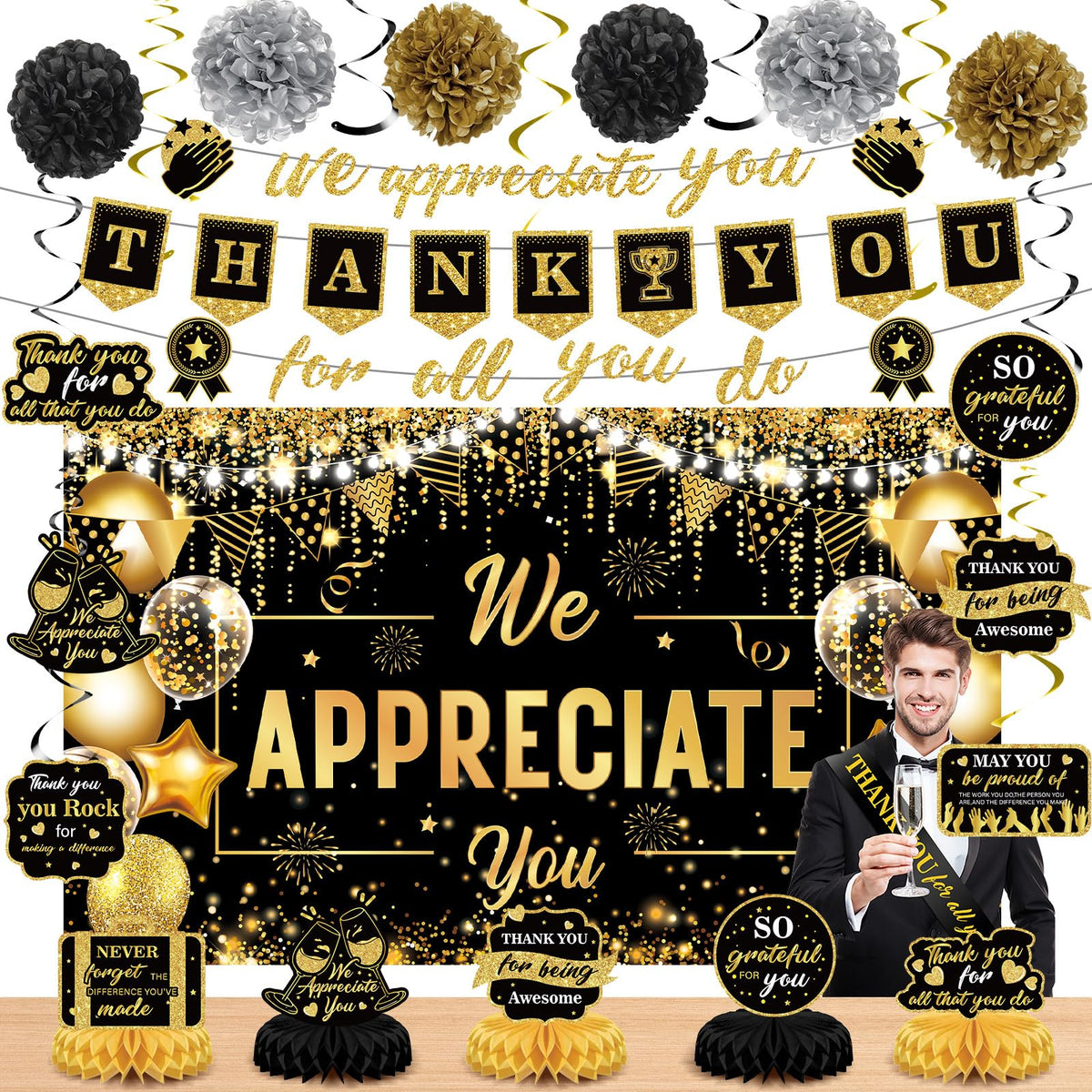 Wayyogh We Appreciate You banner in black and gold, a refined event backdrop.