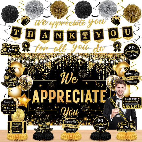 Wayyogh We Appreciate You banner in black and gold, a refined event backdrop.