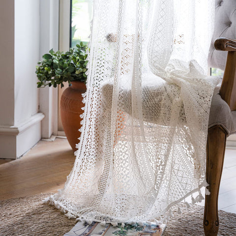 WAZZIO Boho Lace Curtains 84in two-panel, soft cotton blend for light filtering privacy.