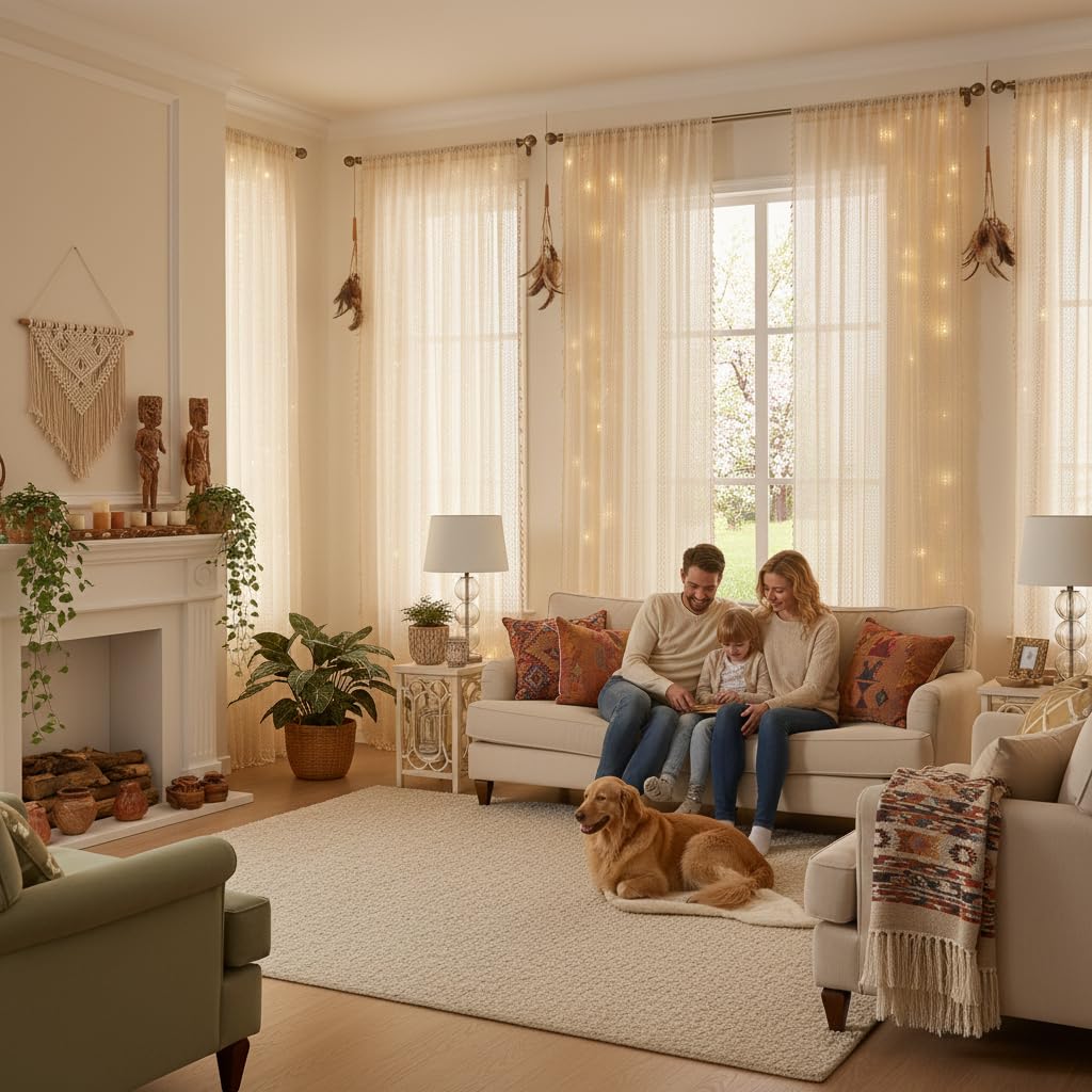 WAZZIO light-filtering crochet curtains softly glow while maintaining outward visibility.