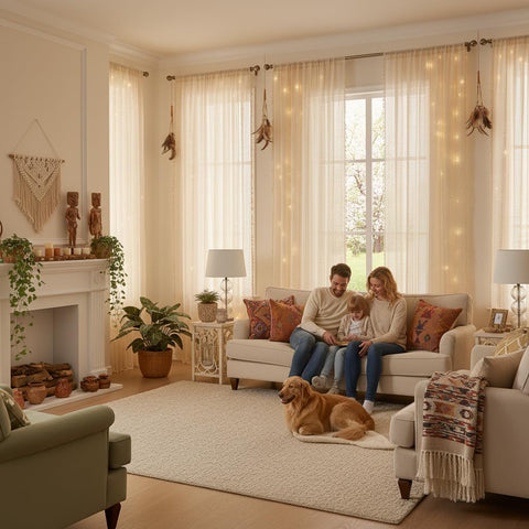 WAZZIO light-filtering crochet curtains softly glow while maintaining outward visibility.