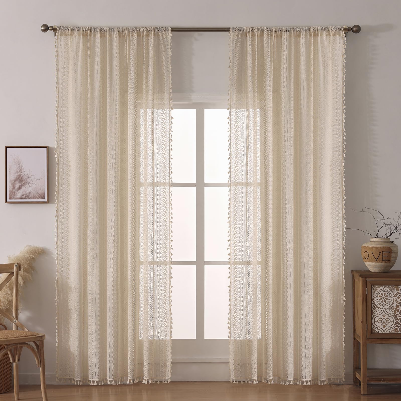 WAZZIO rod-pocket beige geometric curtains support easy installation and timeless style.