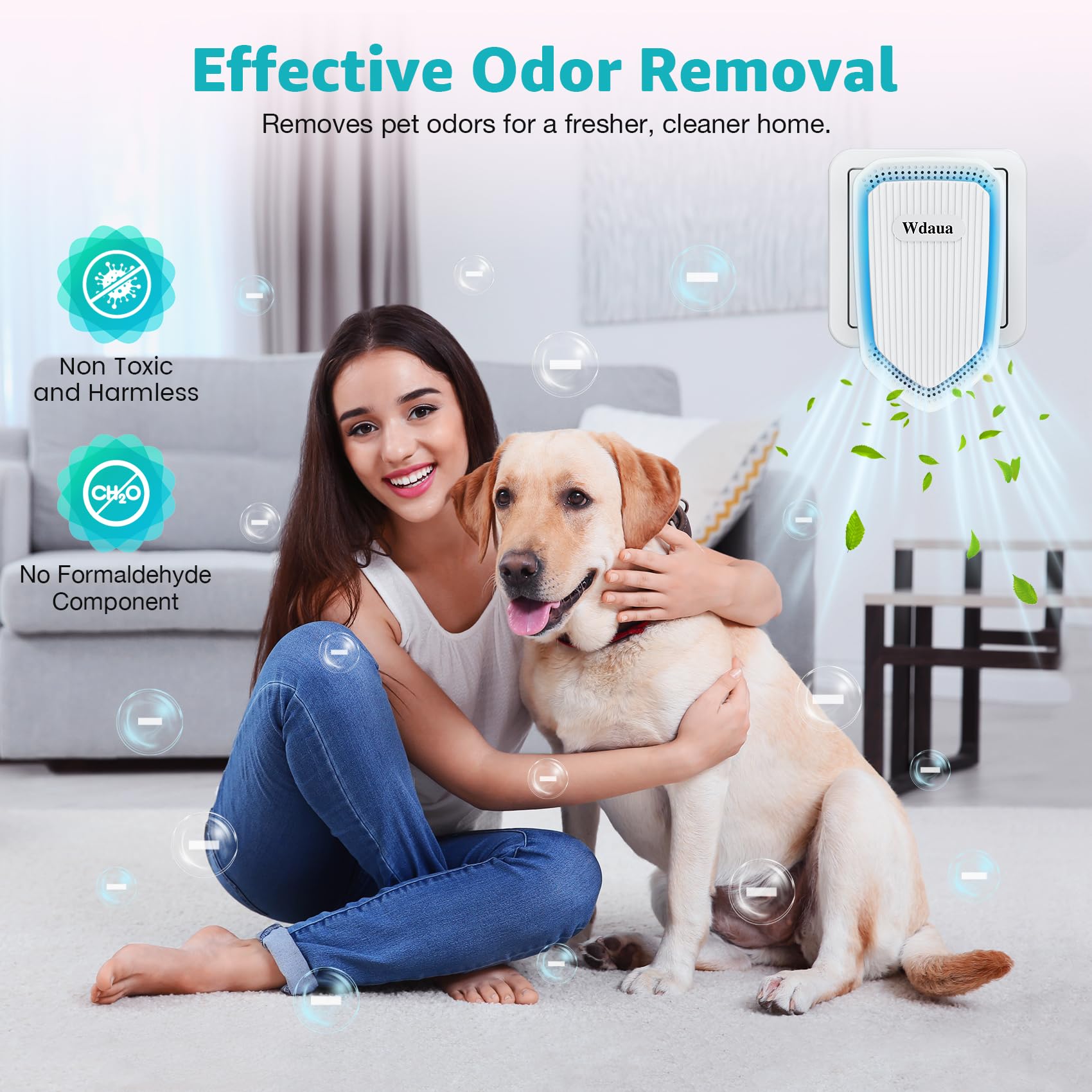 Wdaua unit illustrates odor reduction and cleaner feeling air in a living room.
