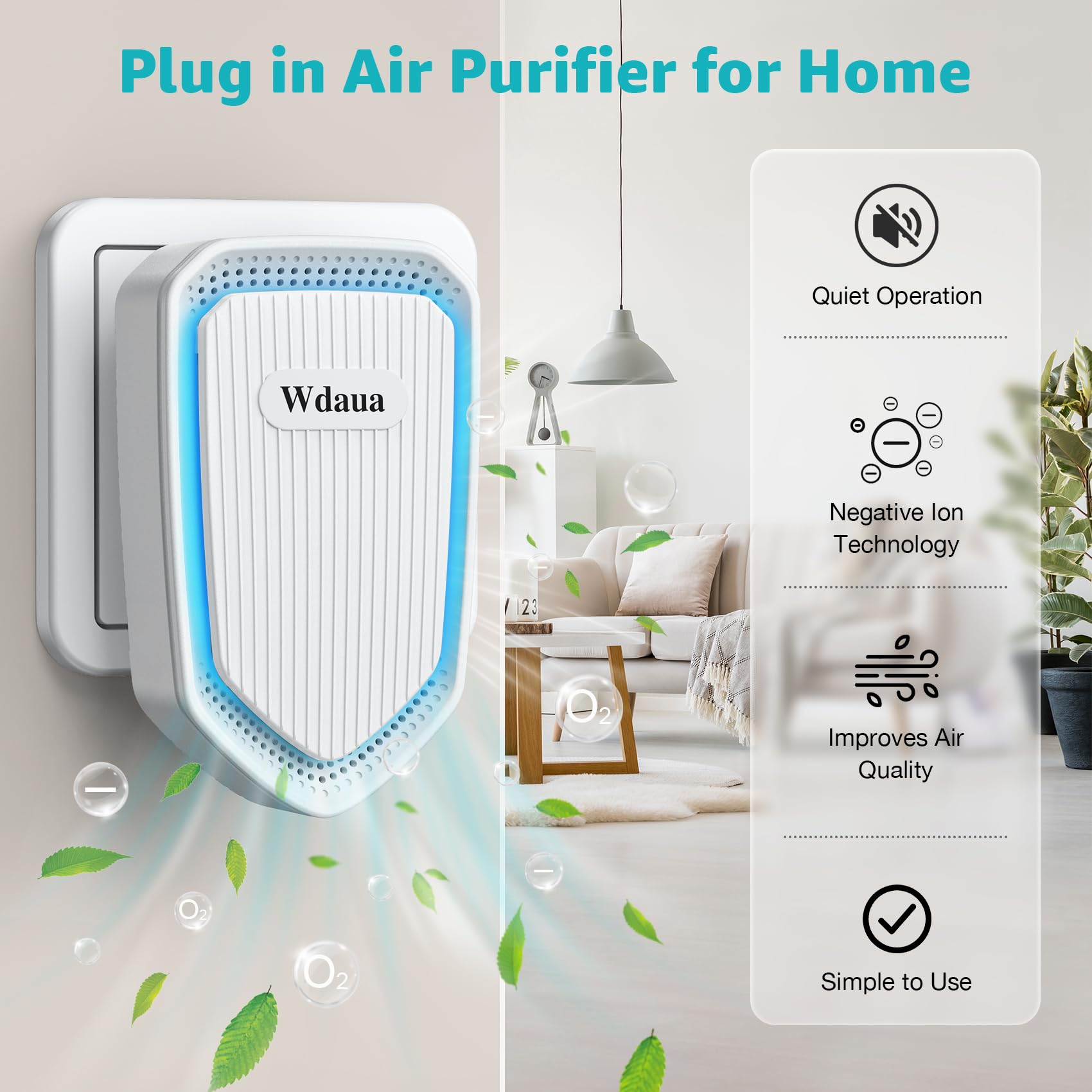 Wdaua ionizers plugged into wall outlet demonstrating effortless setup.