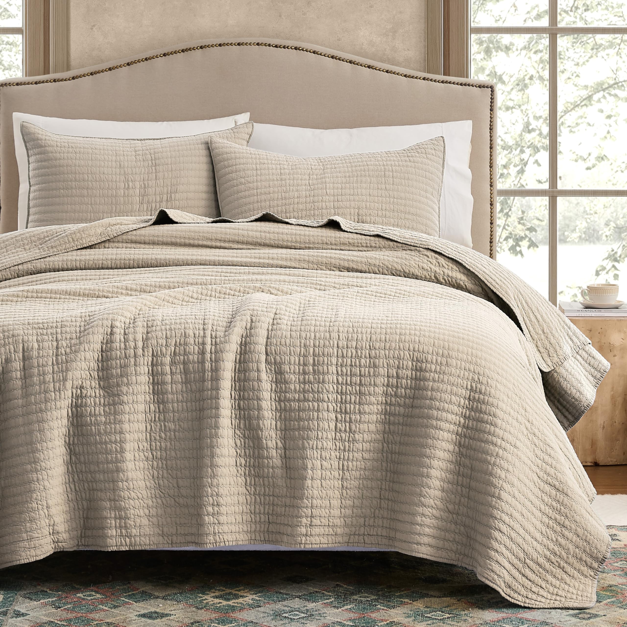 WDCOZY 100% cotton quilt king in beige for breathable year round comfort.