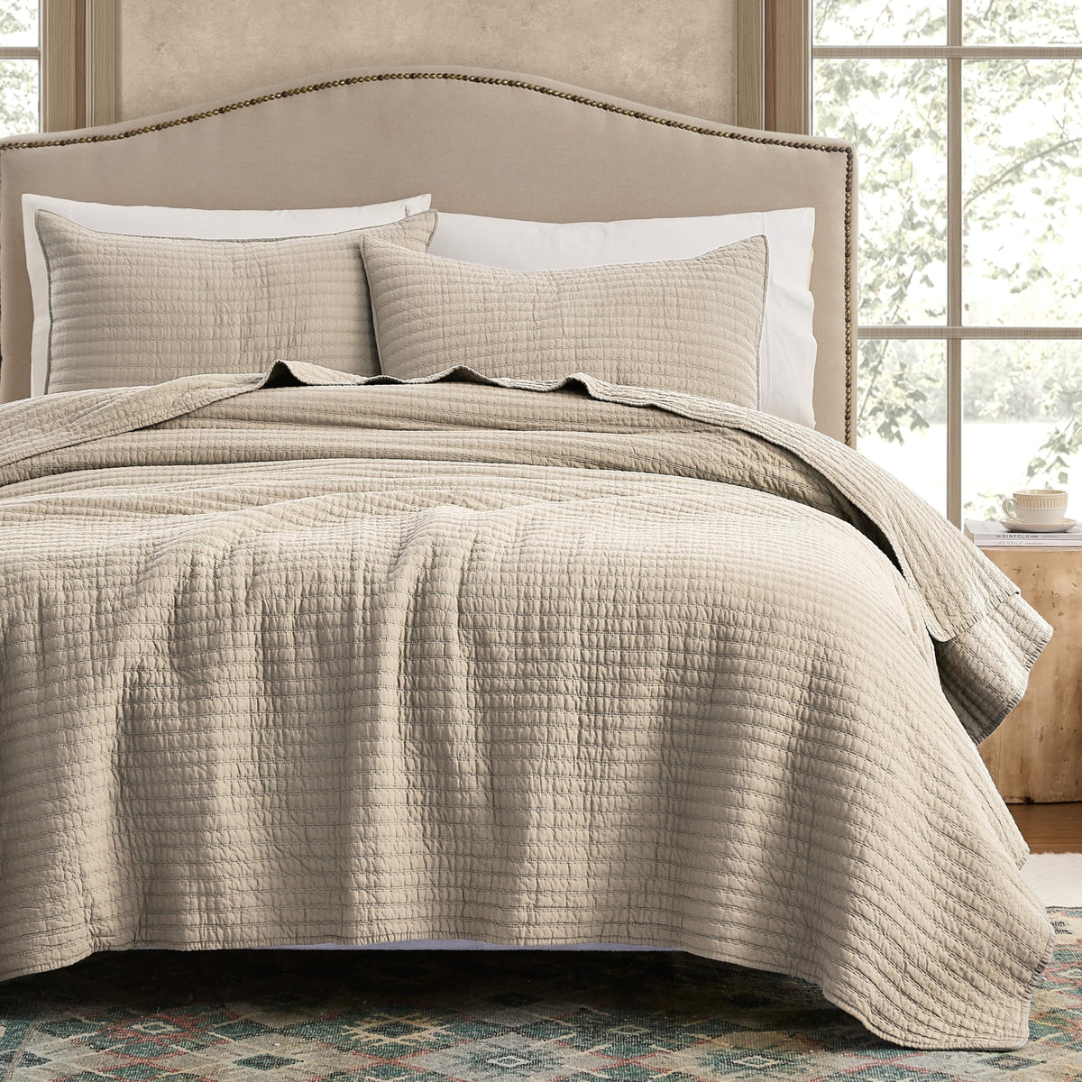 WDCOZY 100% cotton quilt king in beige for breathable year round comfort.