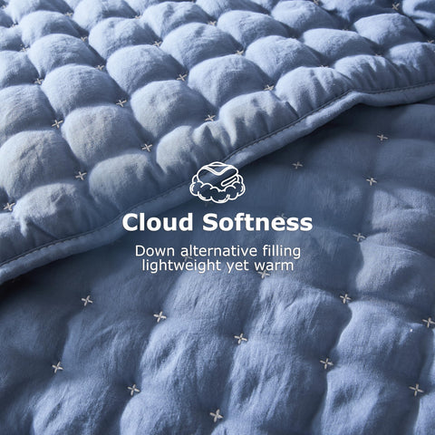 WDCOZY blue twin quilt close-up reveals 150GSM down-alternative fill for cozy warmth.