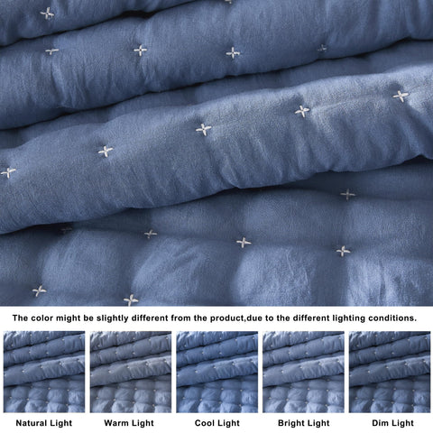 WDCOZY blue twin quilt with pillow sham close-up shows plush texture and soft feel.