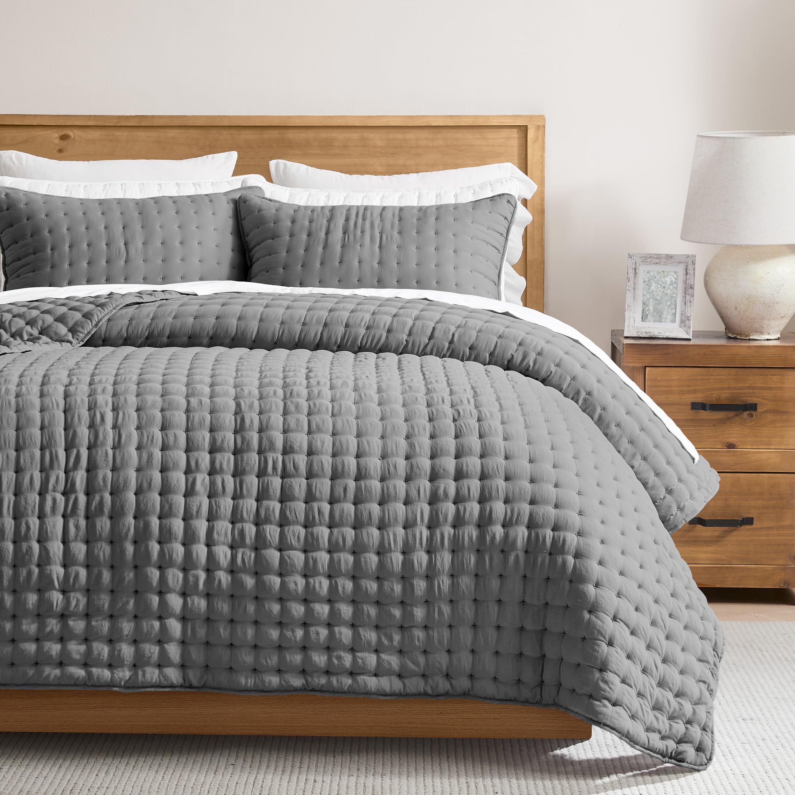 WDCOZY dark grey California king quilt coverlet with plush drape for a cozy bedroom look