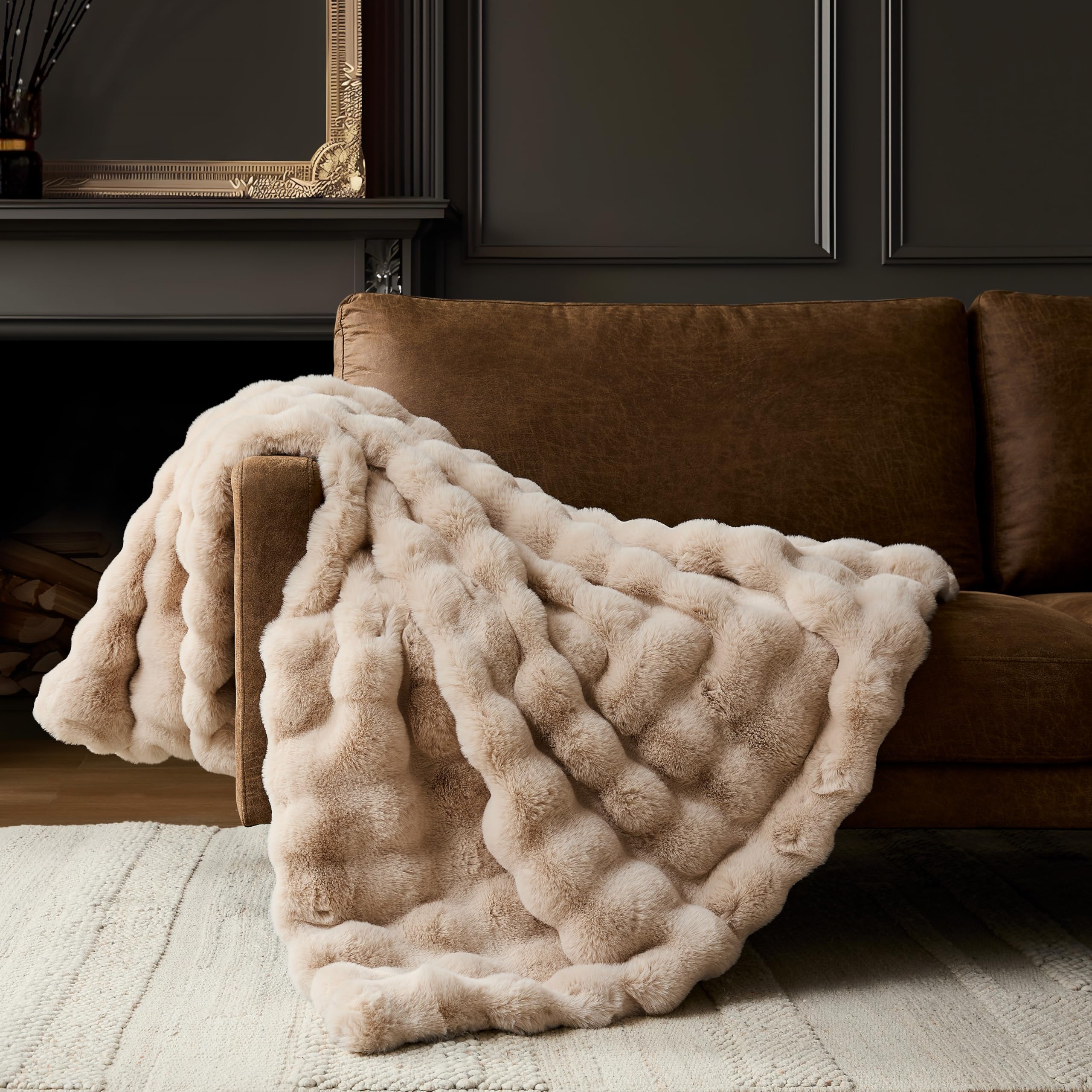 WDCOZY luxury bubble throw blanket in beige for warm, inviting living room ambiance.