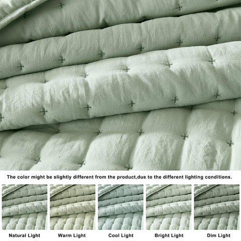WDCOZY sage green king quilt on bed shows soft drape.