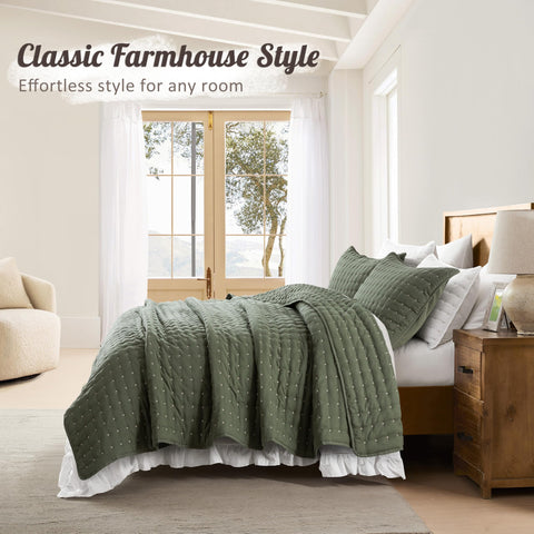 WDCOZY moss green bedding in a calm, inviting bedroom scene